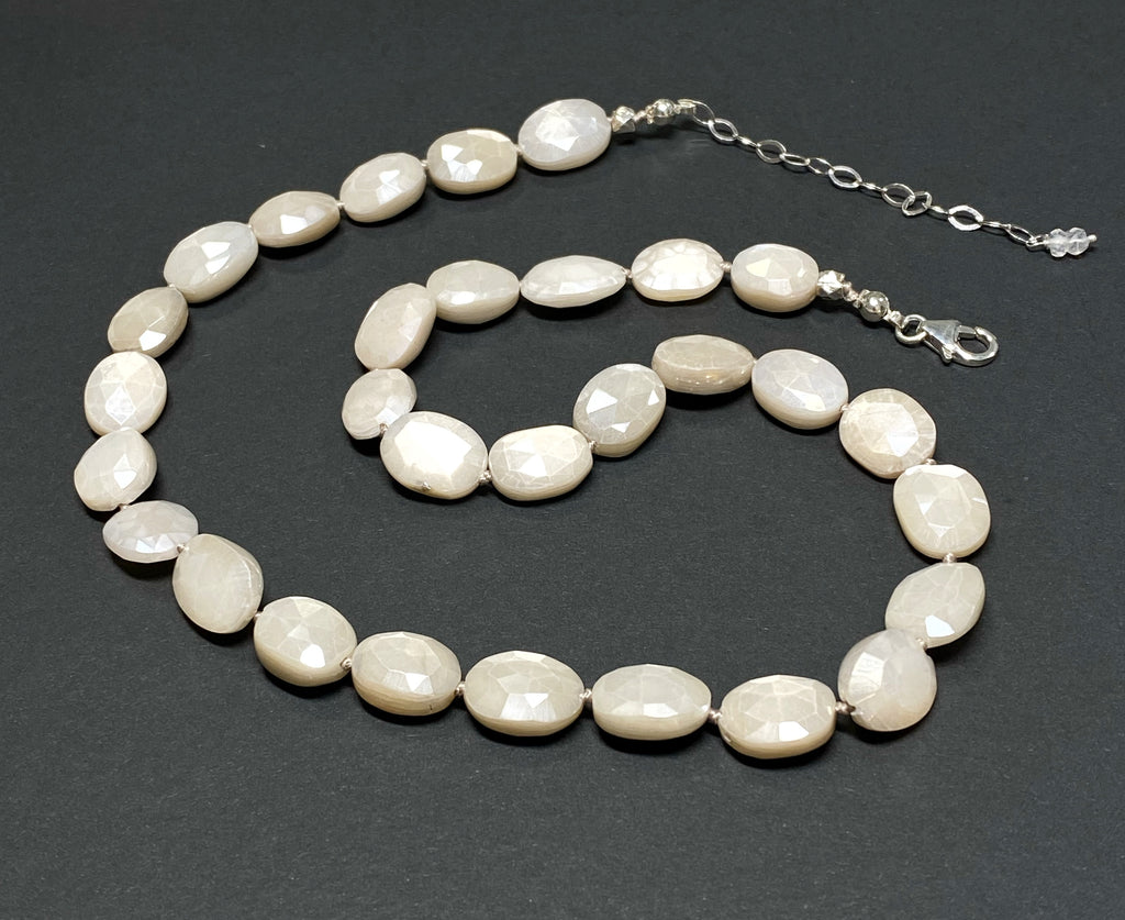 Ivory Mystic Moonstone Necklace Silk Knotted Sterling Silver