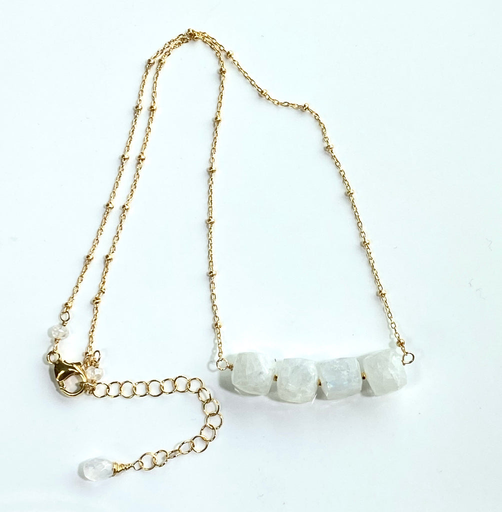 Rainbow Moonstone Cube Dainty Gold Fill Necklace - doolittlejewelry