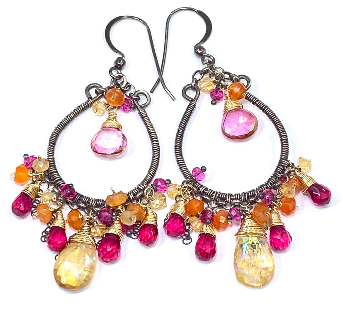 Multi-color Gemstone Hoop Earrings Mystic Citrine Hot Pink Quartz Oxidized Silver - doolittlejewelry