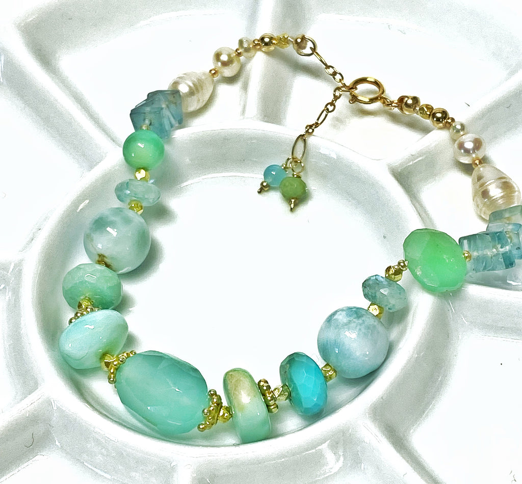 Aqua Chalcedony, Pearl and Gem Silk Knot Bracelet