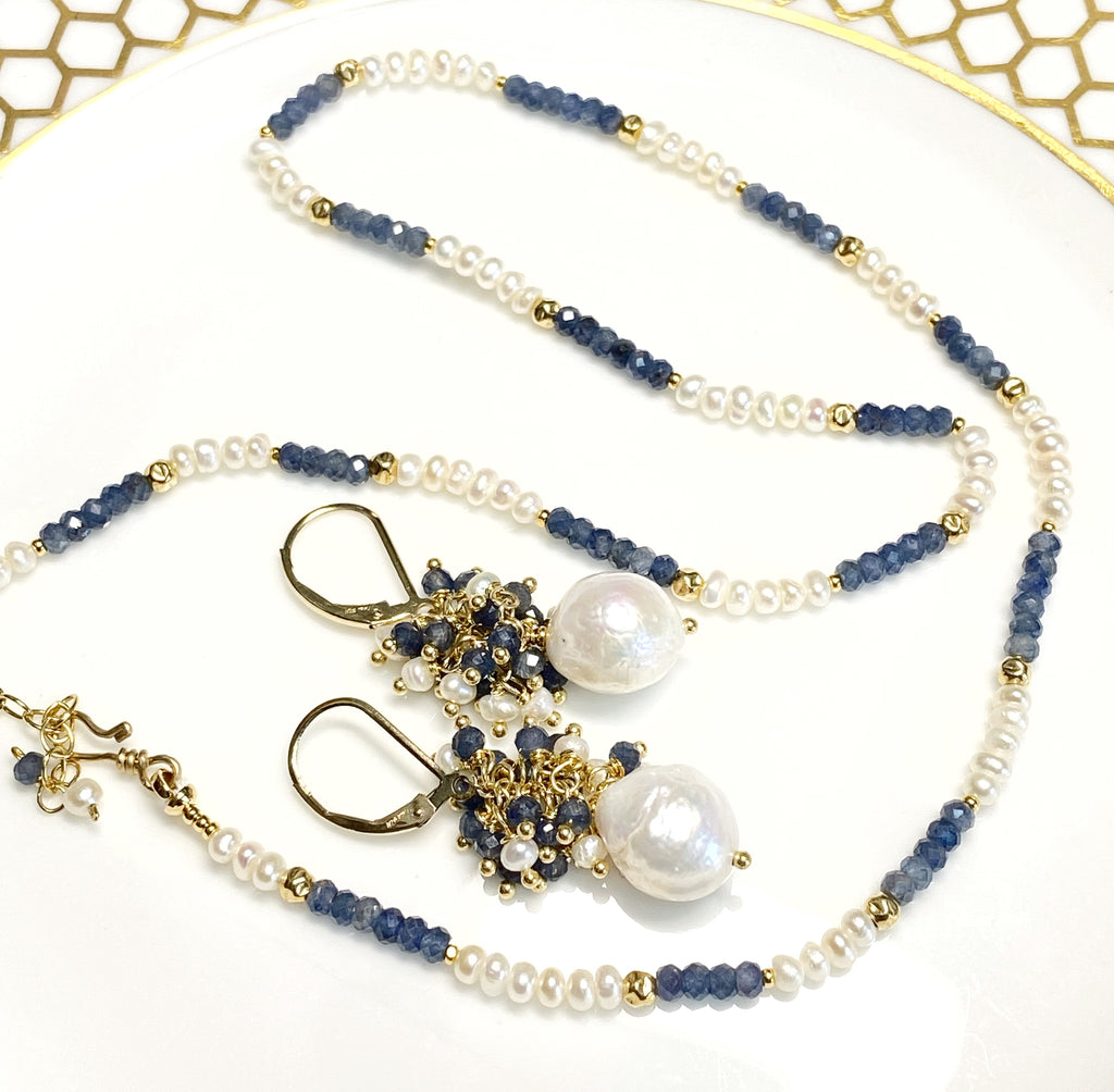 Blue Sapphire and Pearl Dainty Necklace