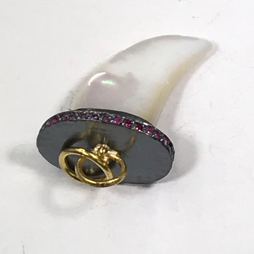 Mother of Pearl Horn Charm Pave Pink Sapphire 22k Gold Oxidized Silver - doolittlejewelry