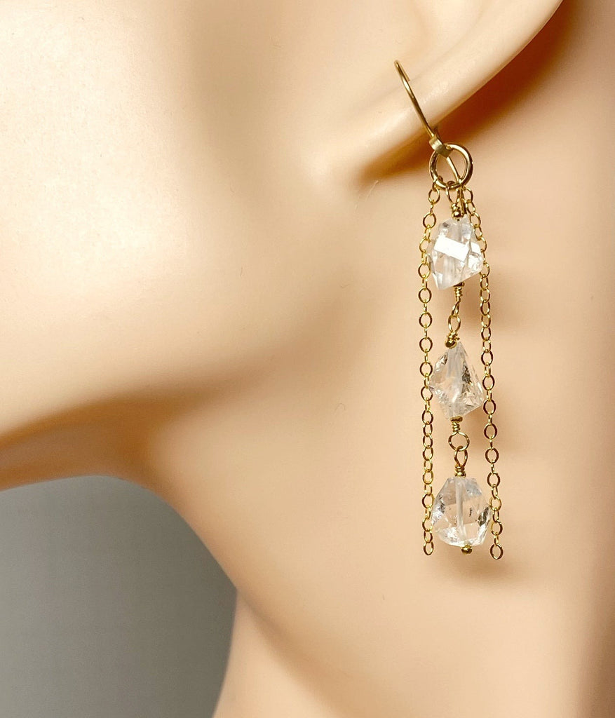 Herkimer Diamond Crystal Quartz Long Gold Fill Dangle Earrings