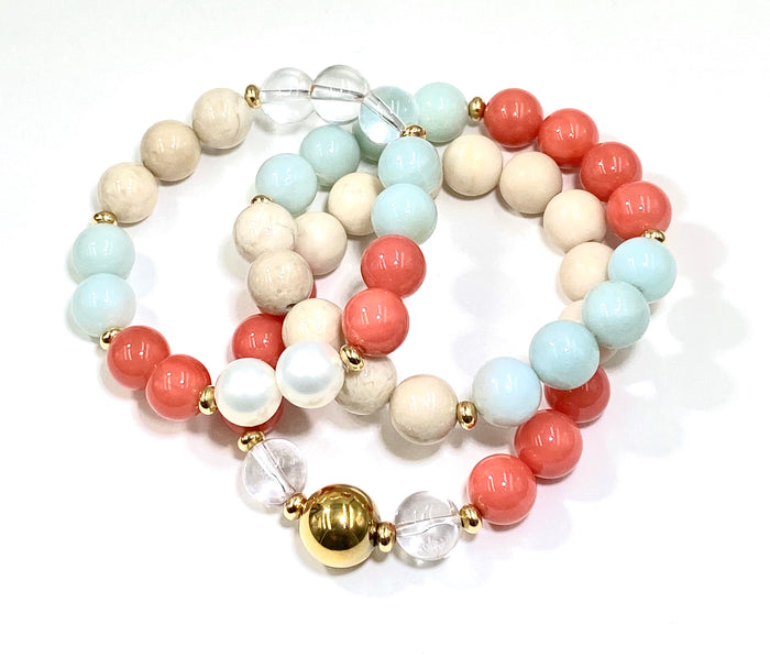 Coral Amazonite Stack Stretch Bracelet Set Gold Fill Accents