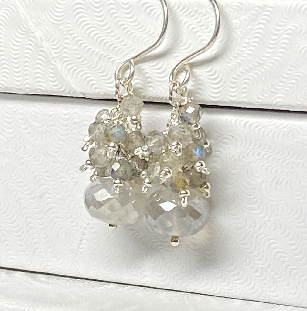 Labradorite Cluster Earrings with Grey Mystic Moonstone Silver