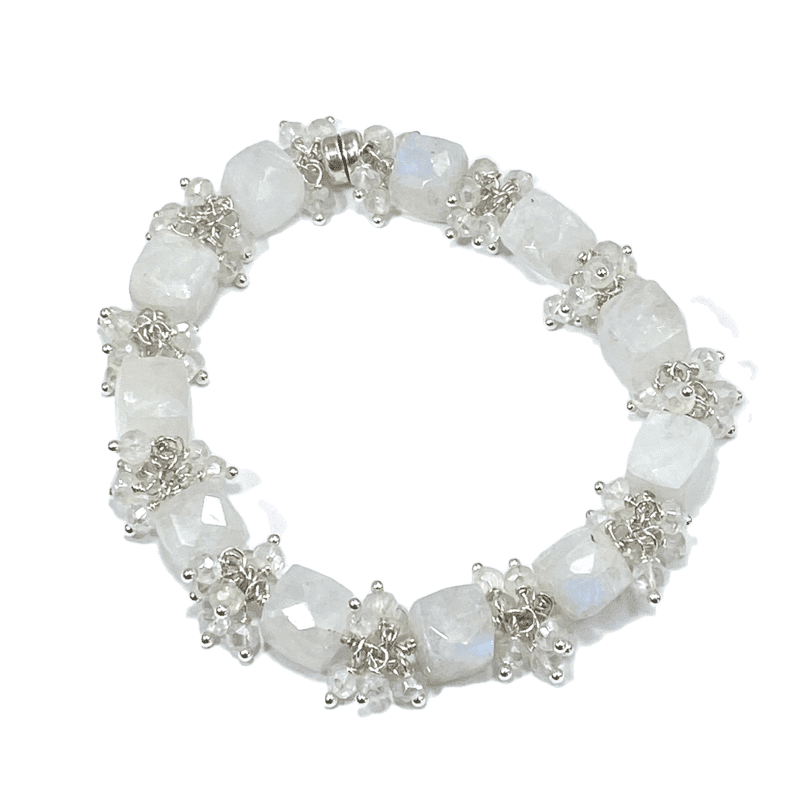 Rainbow Moonstone Bridal Bracelet Mystic Crystal Cluster Sterling Silver - doolittlejewelry