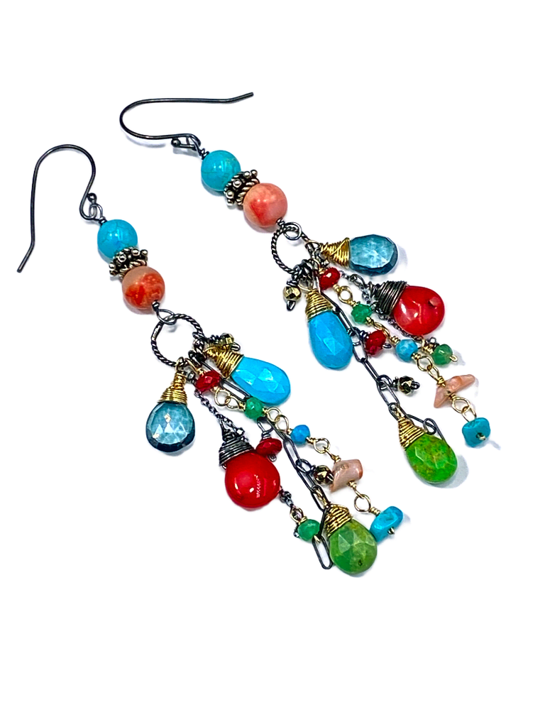 Turquoise Long Boho Earrings Mixed Metal Red Coral Green Turquoise - doolittlejewelry