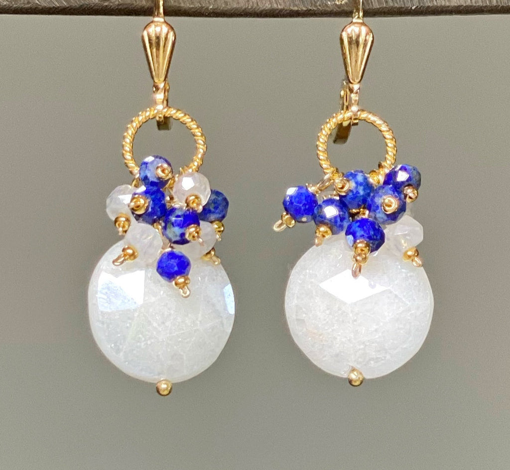 Blue and White Mystic Moonstone Cluster Earrings Gold
