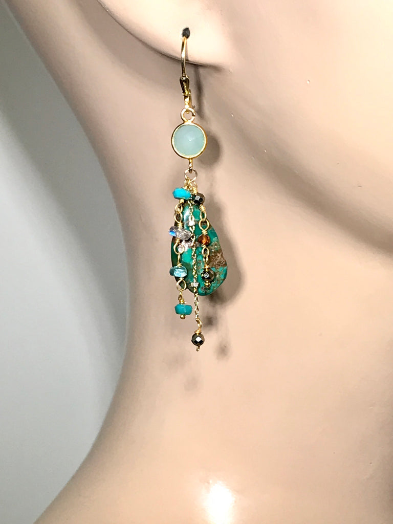 Rustic Green Turquoise Boho Dangle Earrings Gold - doolittlejewelry
