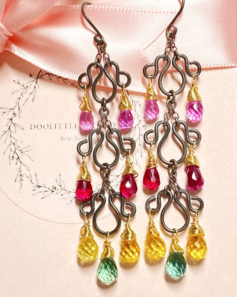 Multi-color Long Chandelier Earrings Oxidized Silver Colorful Corundum Quartz