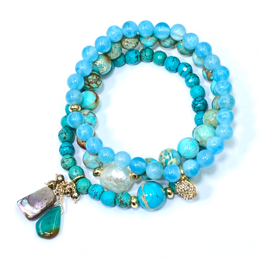 Turquoise, Imperial Jasper, Blue Chalcedony Stretch Stack Bracelet Set of 3 - doolittlejewelry