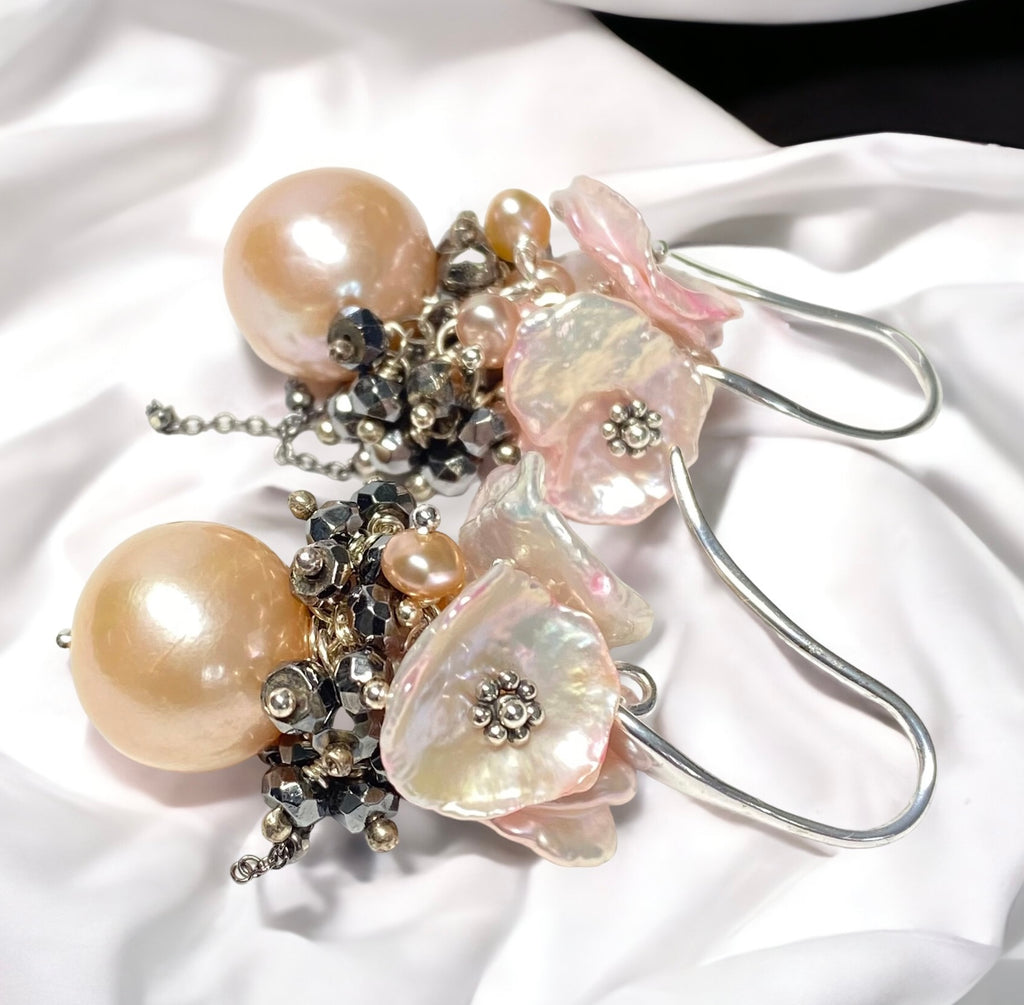 Pink Edison Pearl Cluster Earrings Blush Pink Keishi and Black Pyrite, French Style