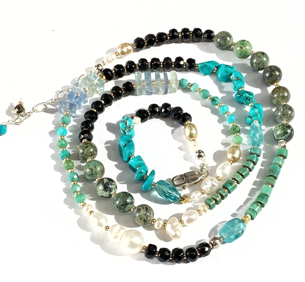 Turquoise Wrap Bracelet Necklace with Freshwater Pearl, Black Onyx, Apatite