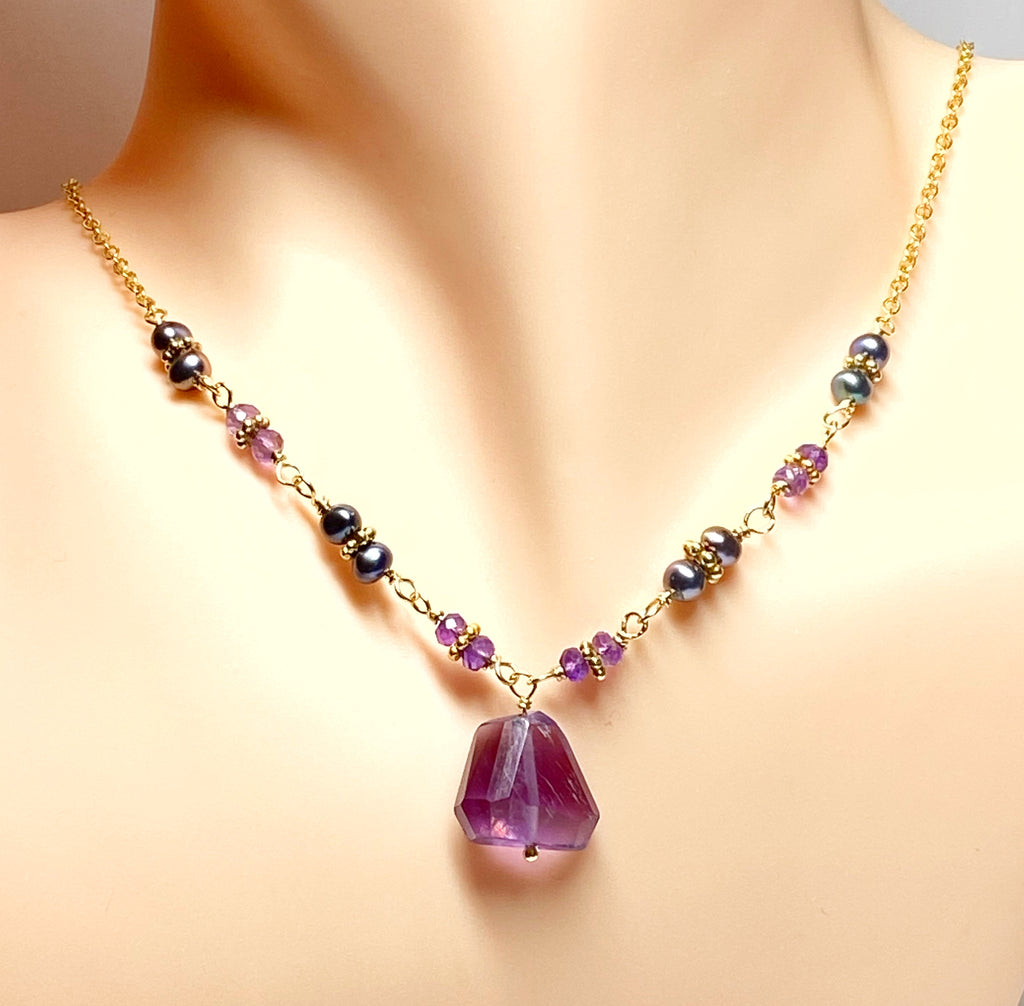 Amethyst Pendant Necklace with Wire Wrapped Peacock Pearls