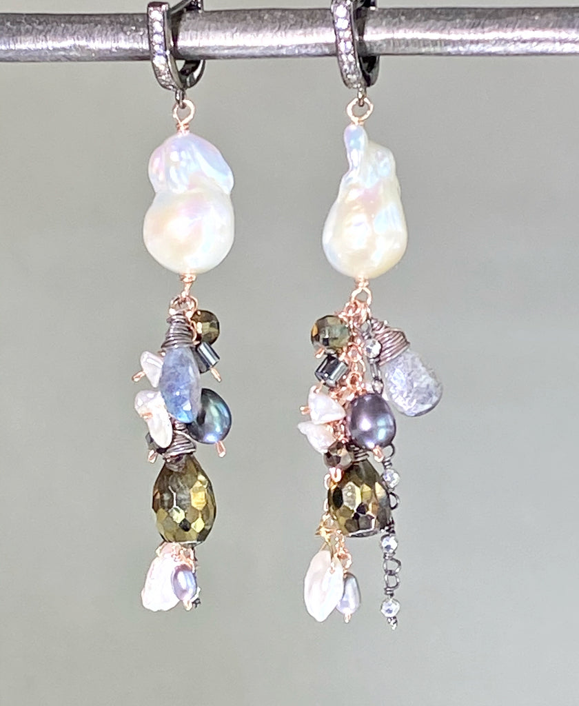 Baroque Pearl Mixed Metal Rose Gold Oxidized Silver Labradorite Dangle Earrings