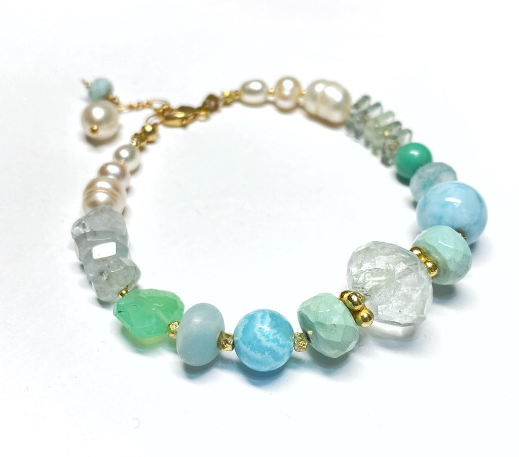 Aquamarine, larimar, gemstone and pearl silk knotted bracelet, coastal style