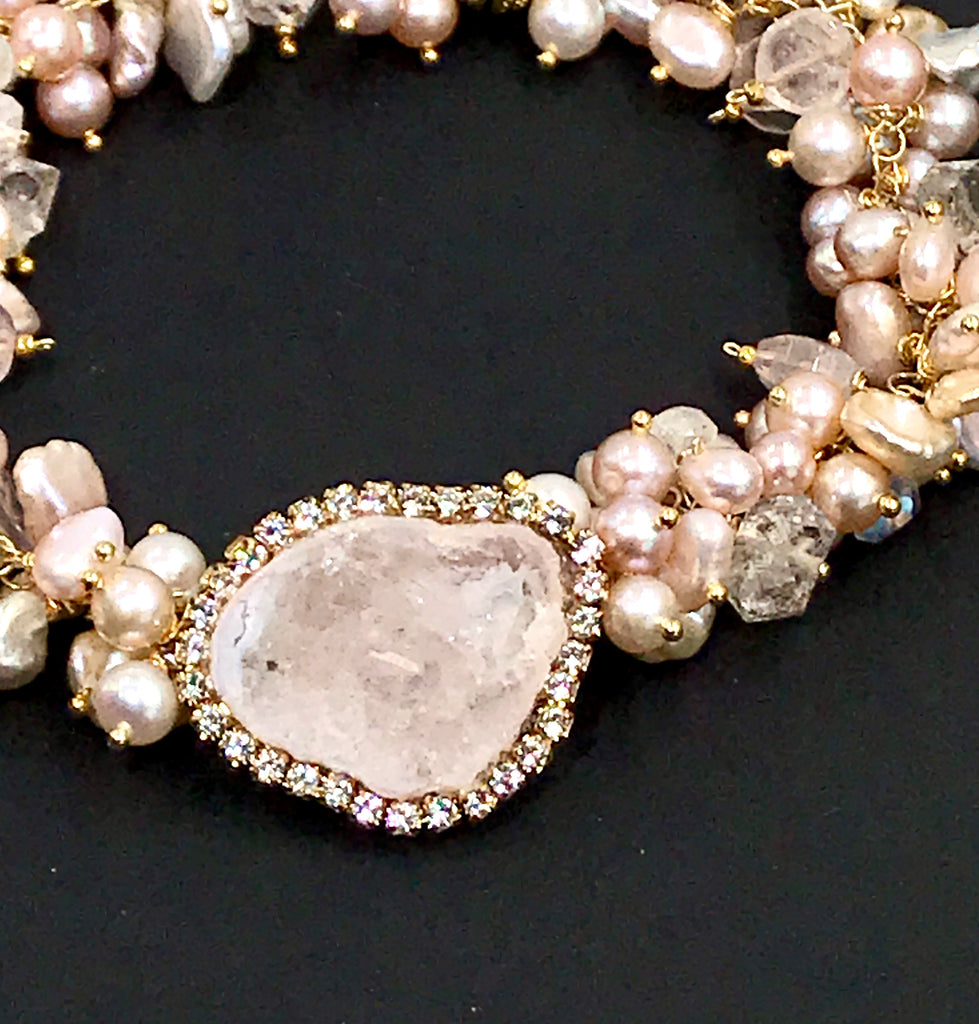 Ivory Blush Tabasco Geode Cluster Bracelet with Herkimer Diamond Quartz - doolittlejewelry