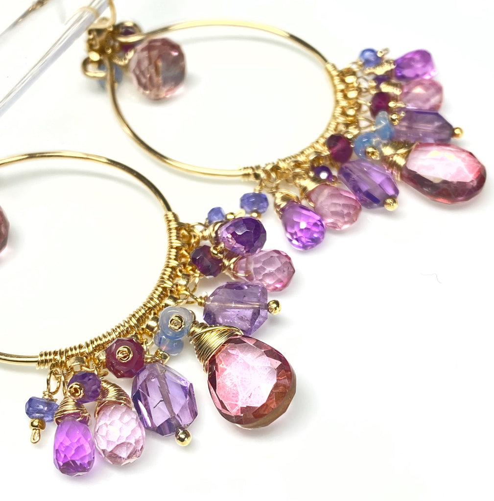 Gemstone Statement Chandelier Earrings in Pink, Lavender, Violet