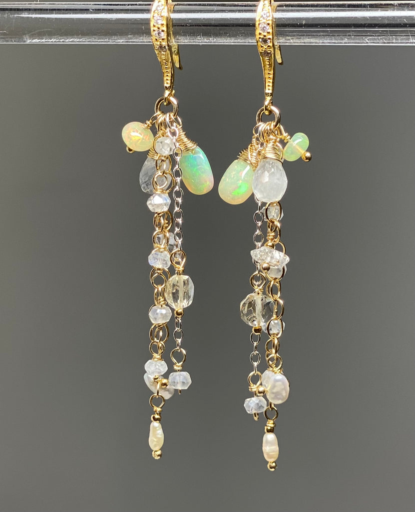 Dainty Opal Dangle Earrings Moonstone Gold & Silver Bridal Earrings
