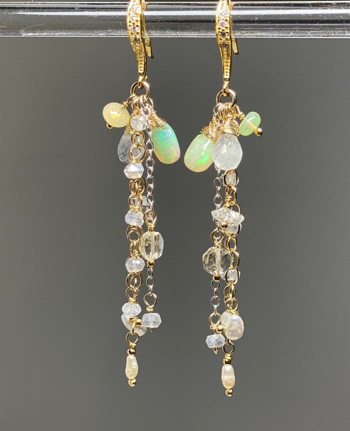Dainty Opal Dangle Earrings Moonstone Gold & Silver Bridal Earrings