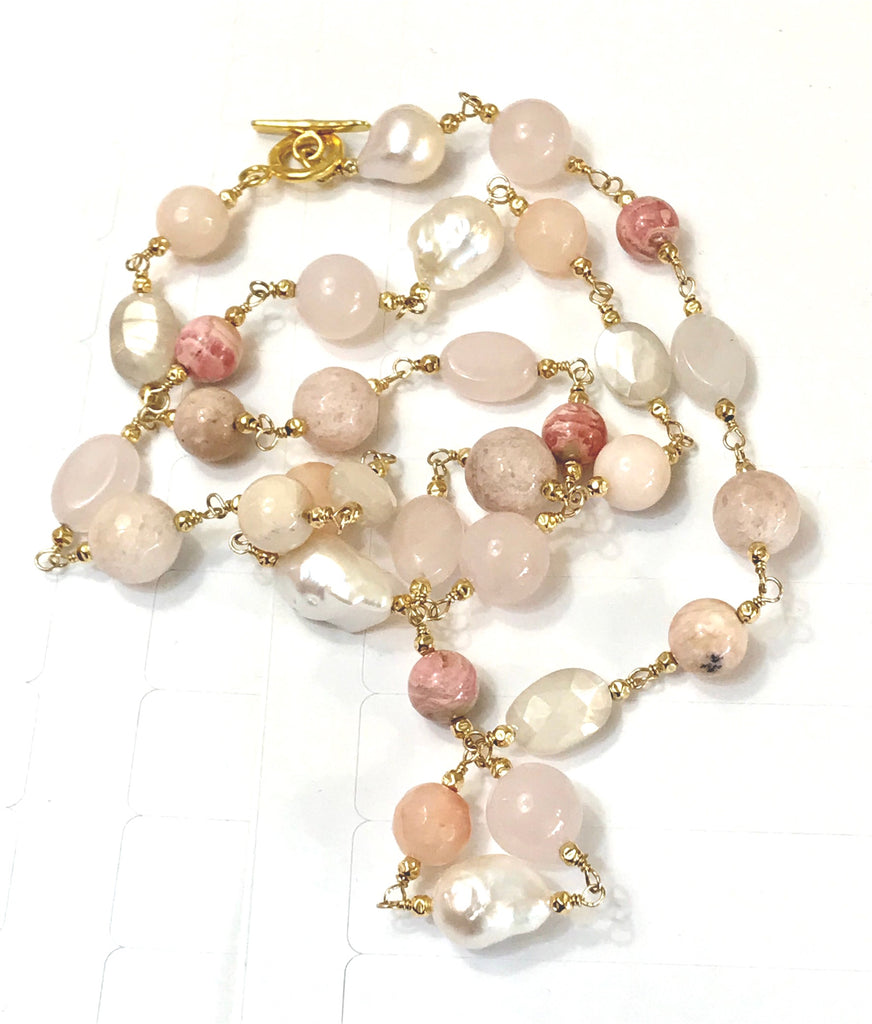 Long Multi Gemstone Blush Stone Pearl Wire Wrap Necklace 14kt Gold Fill - doolittlejewelry