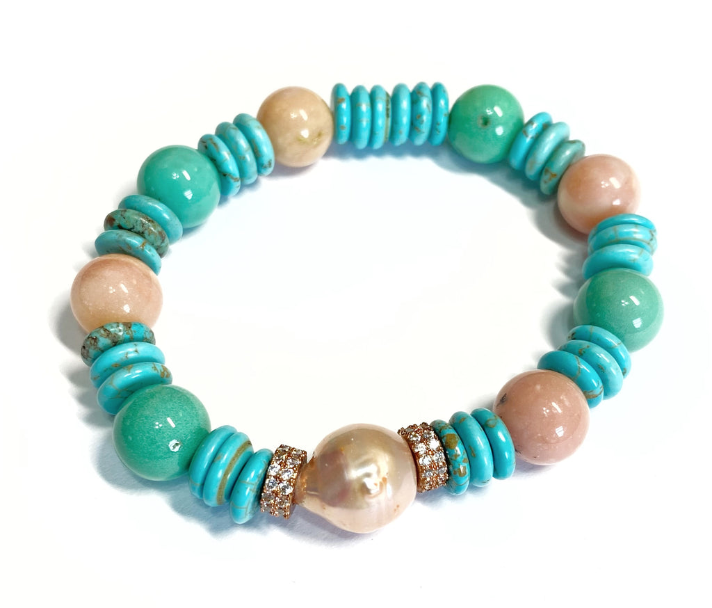 Turquoise Rose Quartz Aquamarine Stretch Bracelet Set of 3 Rose Gold