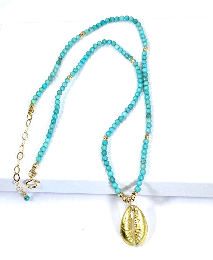 Dainty Turquoise Layering Necklace with Cowry Shell 24 kt Gold - doolittlejewelry