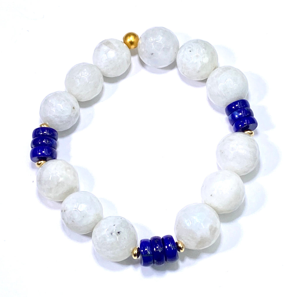 Blue and White Boho Stretch Bracelet Stacking Set of 2 Rainbow Moonstone Blue Lapis - doolittlejewelry
