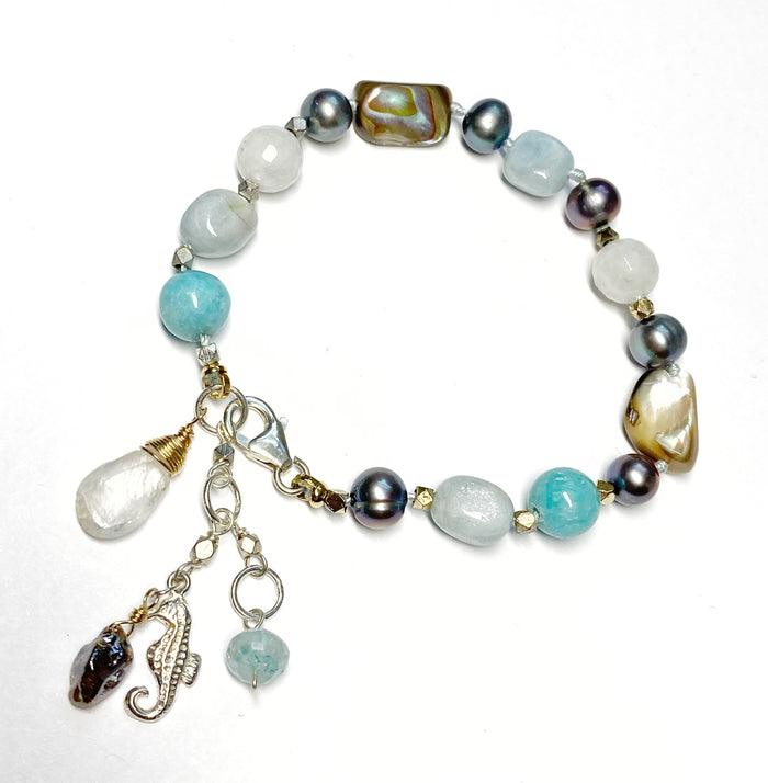 Abalone Silk Knotted Bracelet, Moonstone, Aquamarine, Pearl
