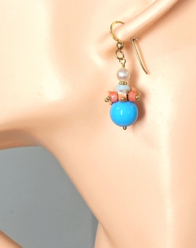 Turquoise, Coral and Pearl Summer Drop Dangle Earrings