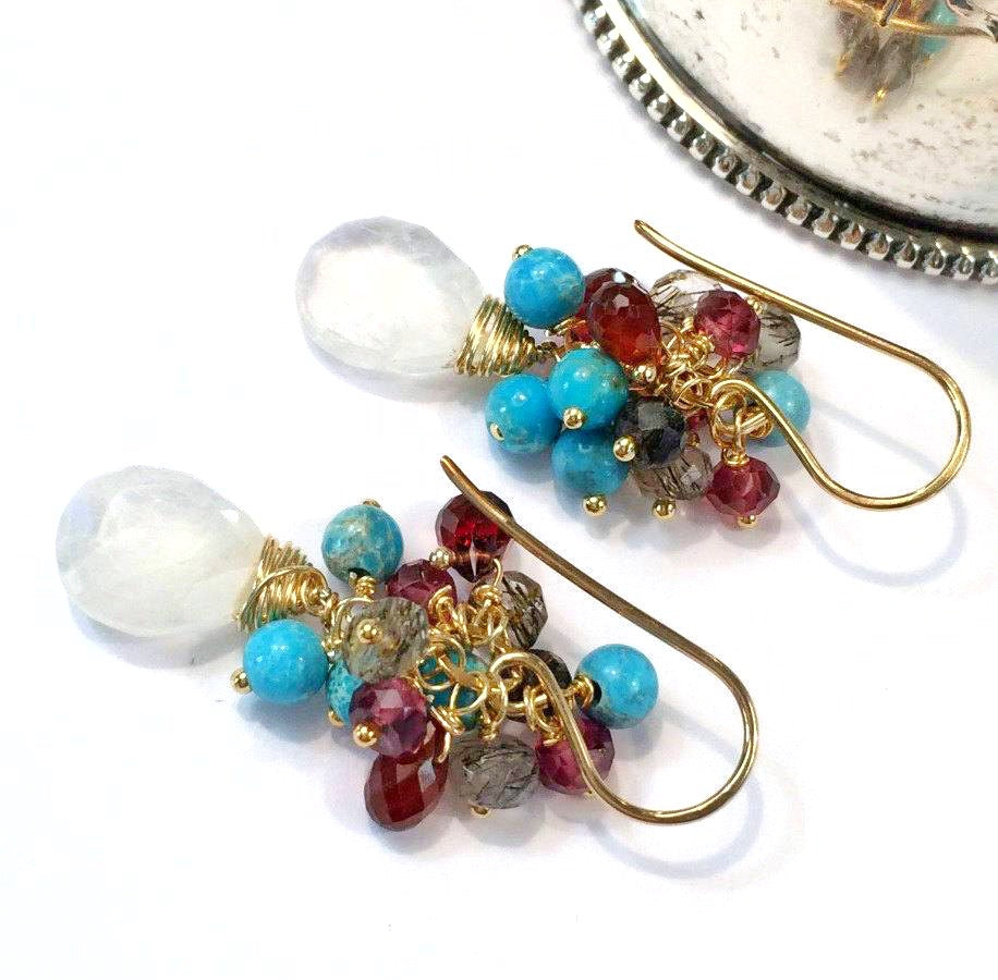 Moonstone with Turquoise and Garnet Cluster Gold Filled Earrings - doolittlejewelry