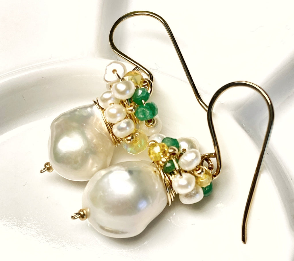 Emerald, Opal and Pearl Cluster Earrings Gold Fill