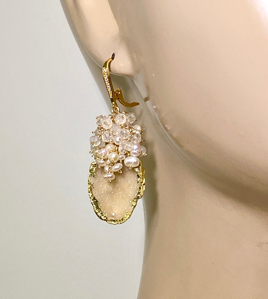 Ivory Beige Tabasco Geode Pearl Cluster 24 kt Gold Leaf Earrings - doolittlejewelry