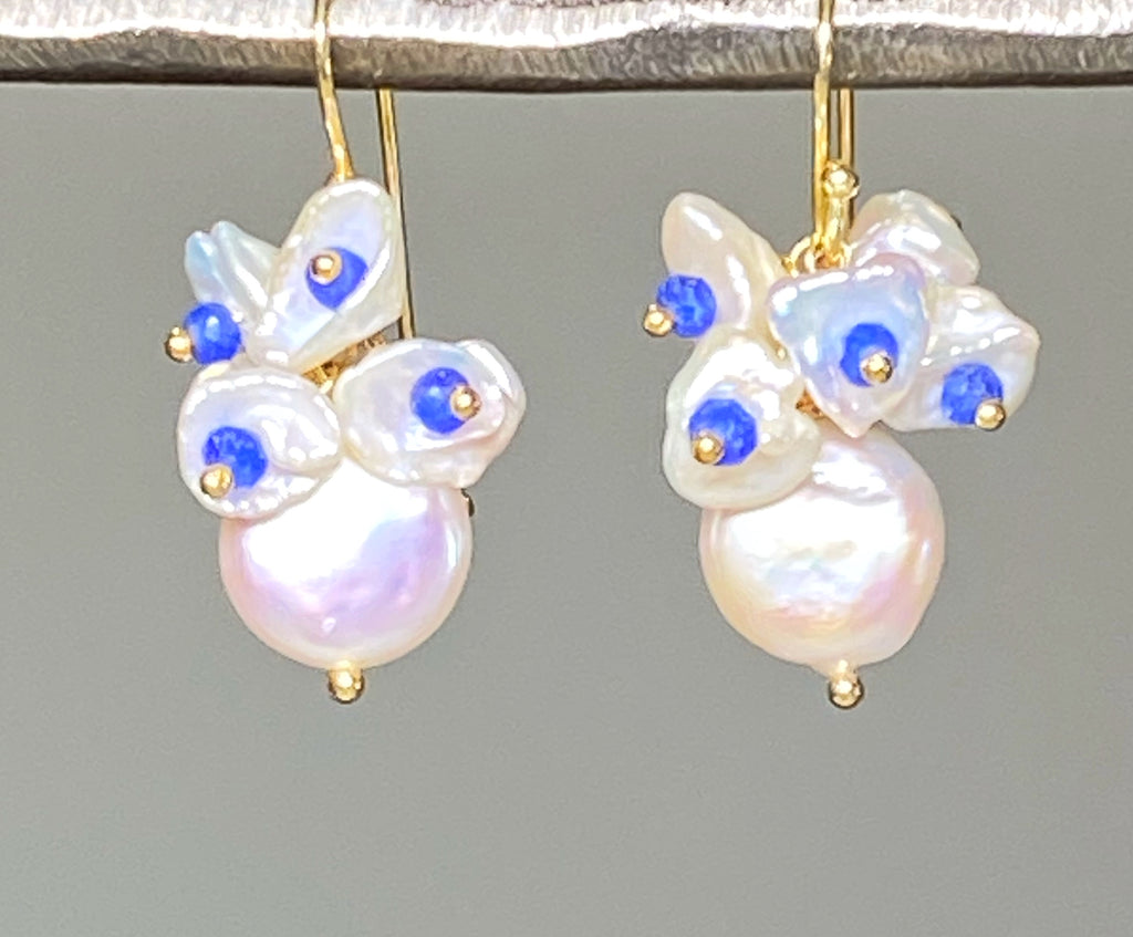 Coin Pearl Blue Lapis Keishi Pearl Cluster Earrings Gold