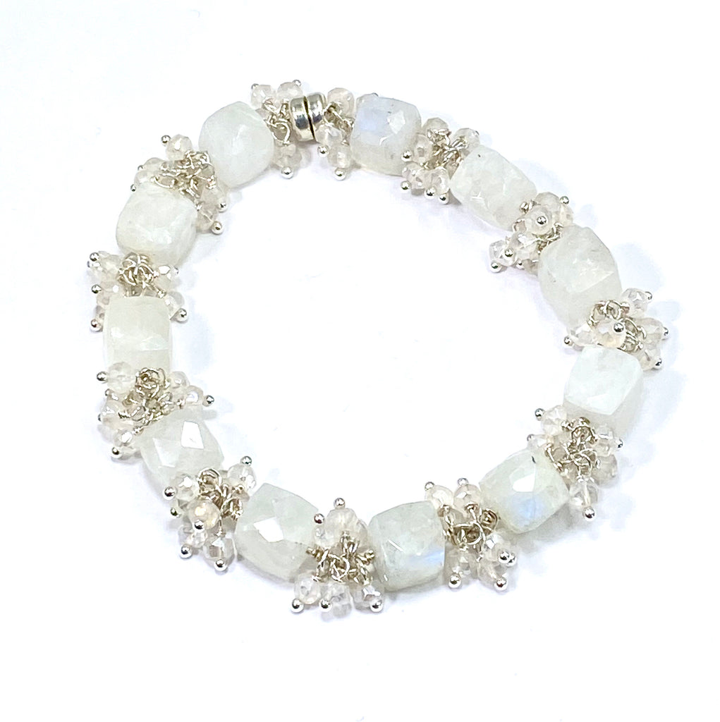 Rainbow Moonstone Bridal Bracelet Mystic Crystal Cluster Sterling Silver - doolittlejewelry