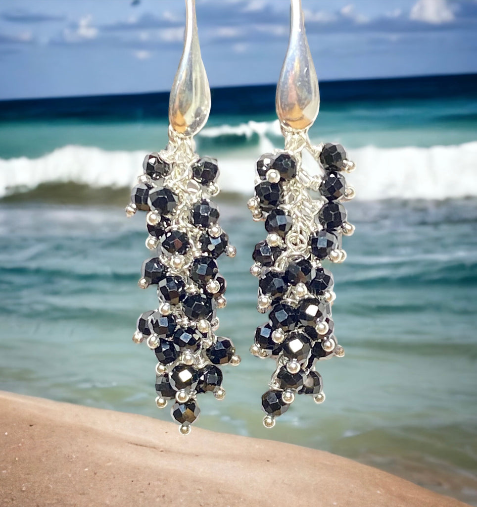 mystic black spinel cluster dangle earrings in sterling silver