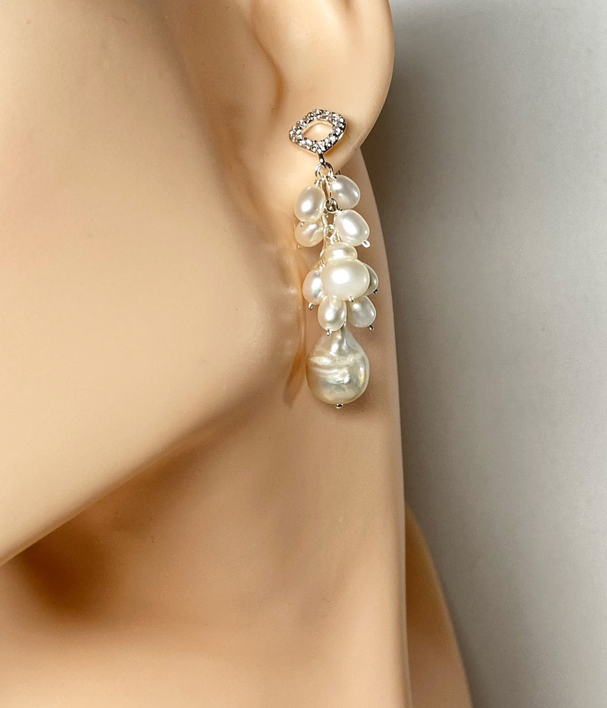 Pearl Dangle Wedding Earrings, Pave Silver Post