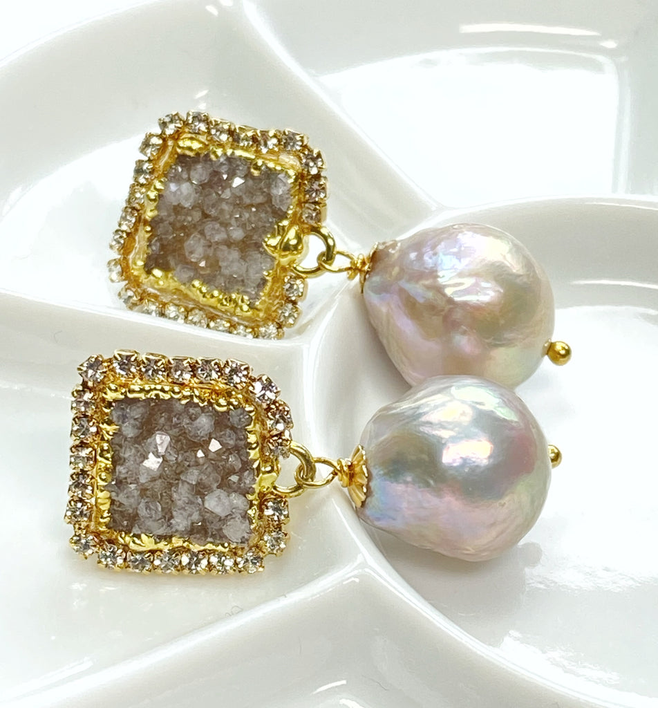 Silver Druzy Crystal and Baroque Pearl Dangle Earrings