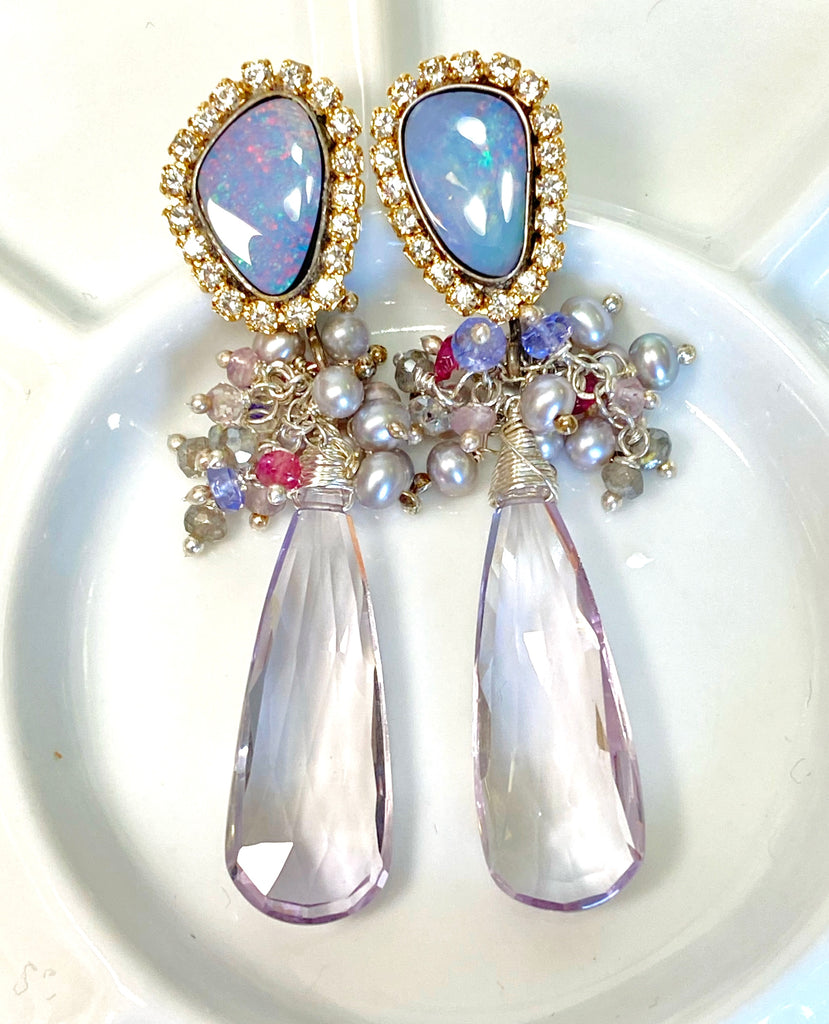 Black Boulder Opal and Diamond Look Bezel Earrings