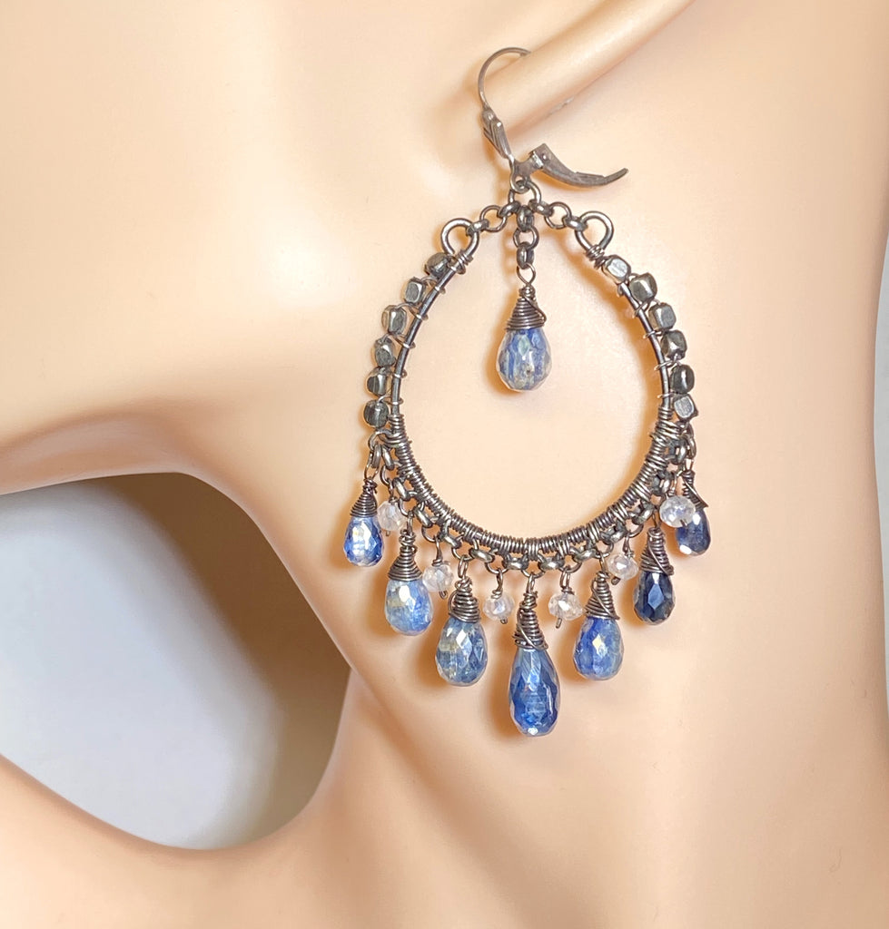 boho statement chandelier hoop earrings with mystic blue kyanite and oxidized sterling silver