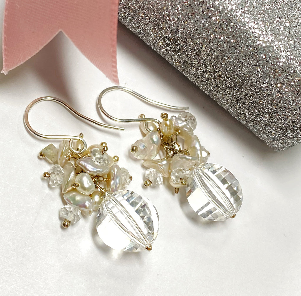 Cut Crystal Quartz, Keishi Pearl Cluster Earrings, Sterling Silver - doolittlejewelry