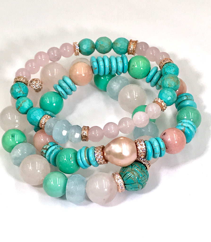 Turquoise Rose Quartz Aquamarine Stretch Bracelet Set of 3 Rose Gold - doolittlejewelry