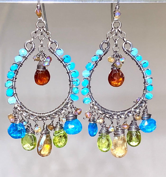 Multi-color Gemstone Oxidized Silver Boho Hoop Earrings Turquoise Peridot Mystic Hessonite - doolittlejewelry