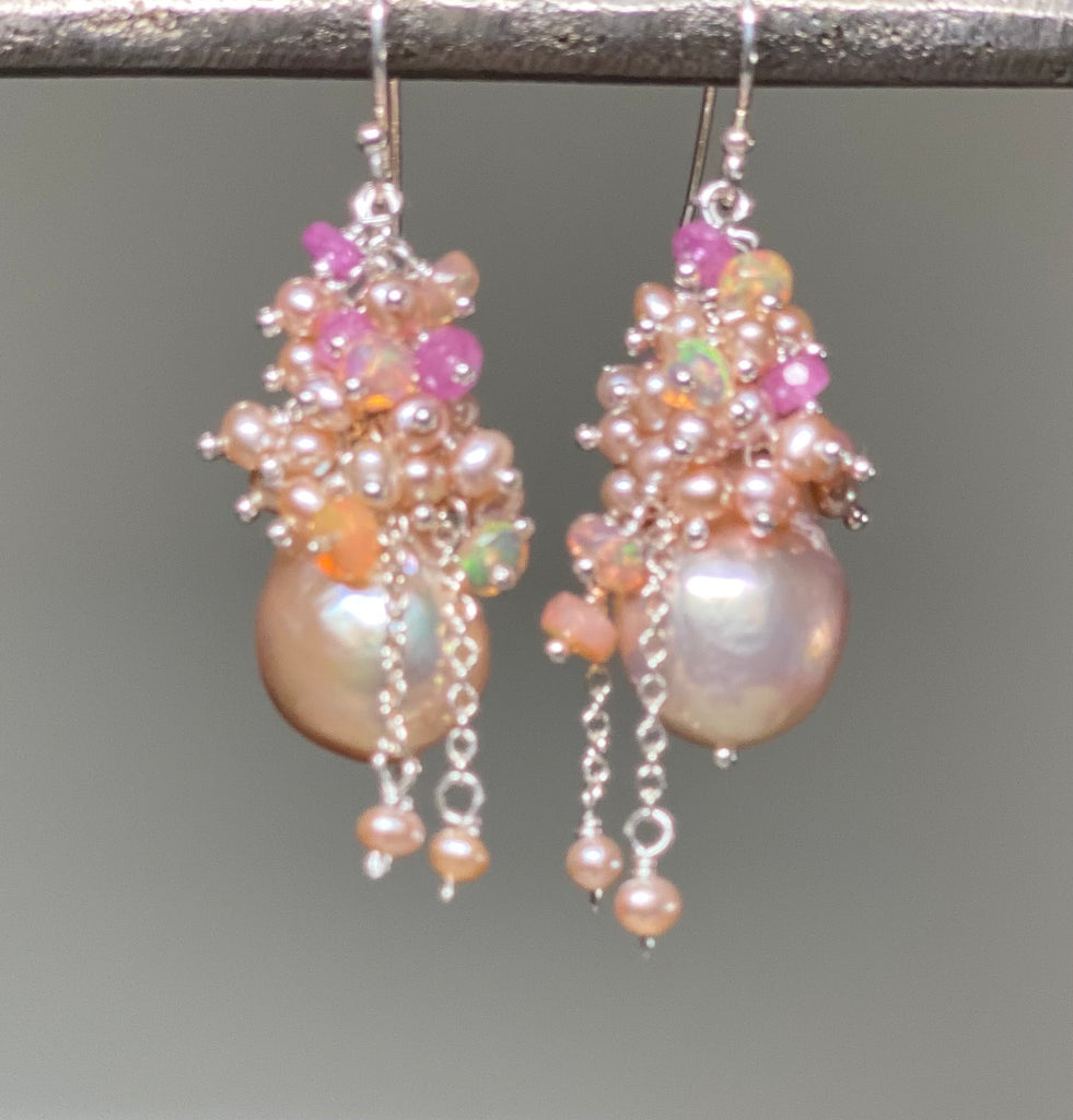 Pink Blush Baroque Pearls Opal, Sapphire Pearl Cluster Earrings