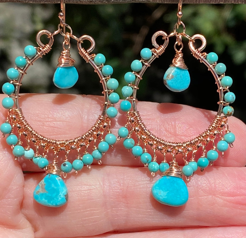 Turquoise Gemstone Rose Gold Hoop Earrings Kingman Mine