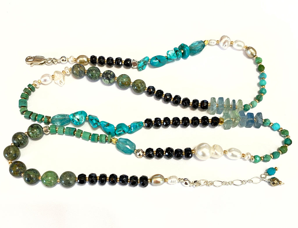 Turquoise Wrap Bracelet Necklace with Freshwater Pearl, Black Onyx, Apatite