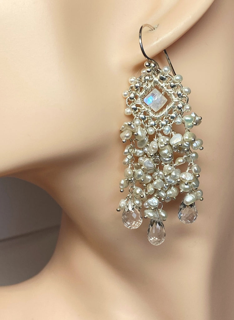 Moonstone and Pearl Chandelier Statement Bridal Wedding Earrings