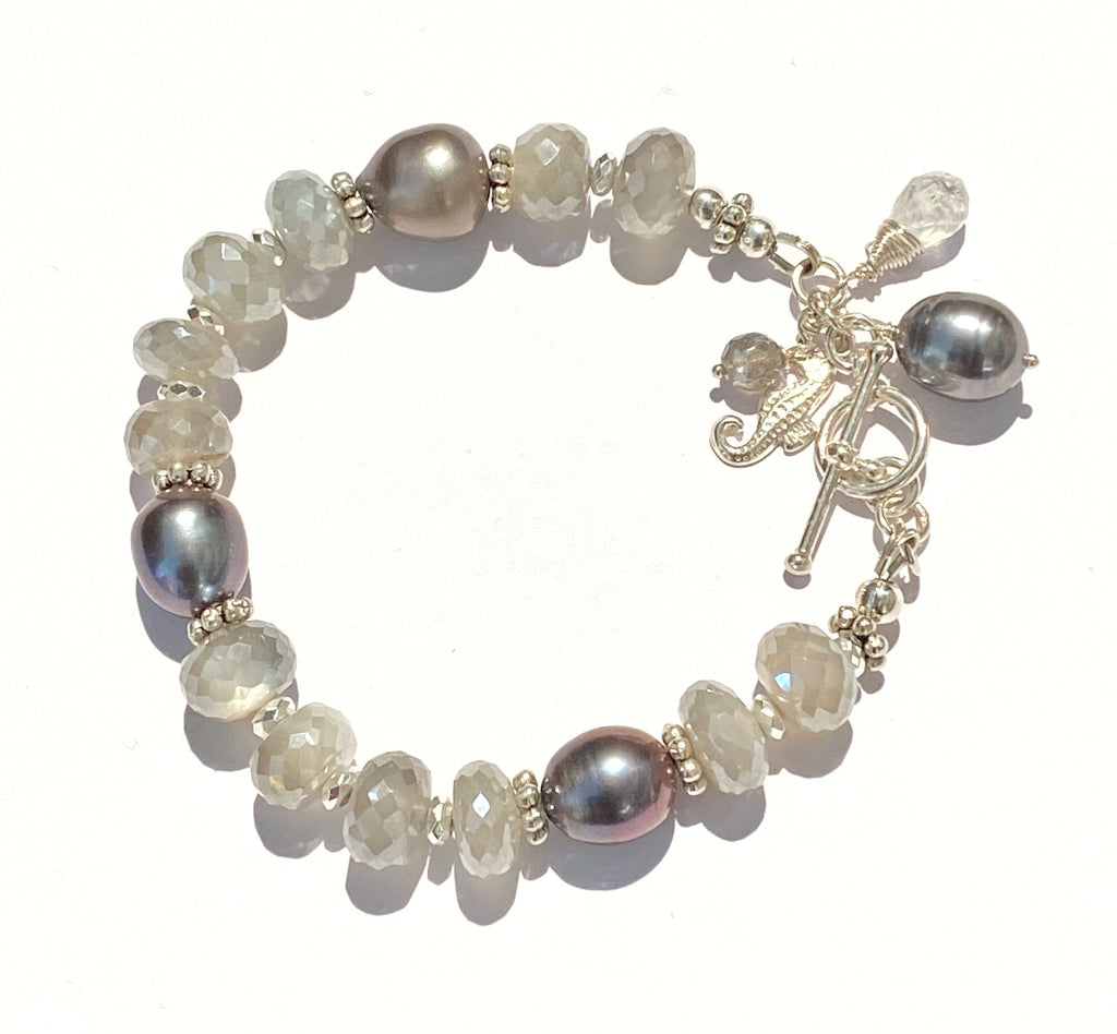 Grey Mystic Moonstone and Peacock Pearl Bracelet Sterling Silver