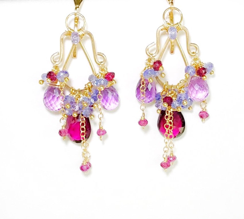 Garnet Amethyst Tanzanite Gold Multicolor Chandelier Earrings