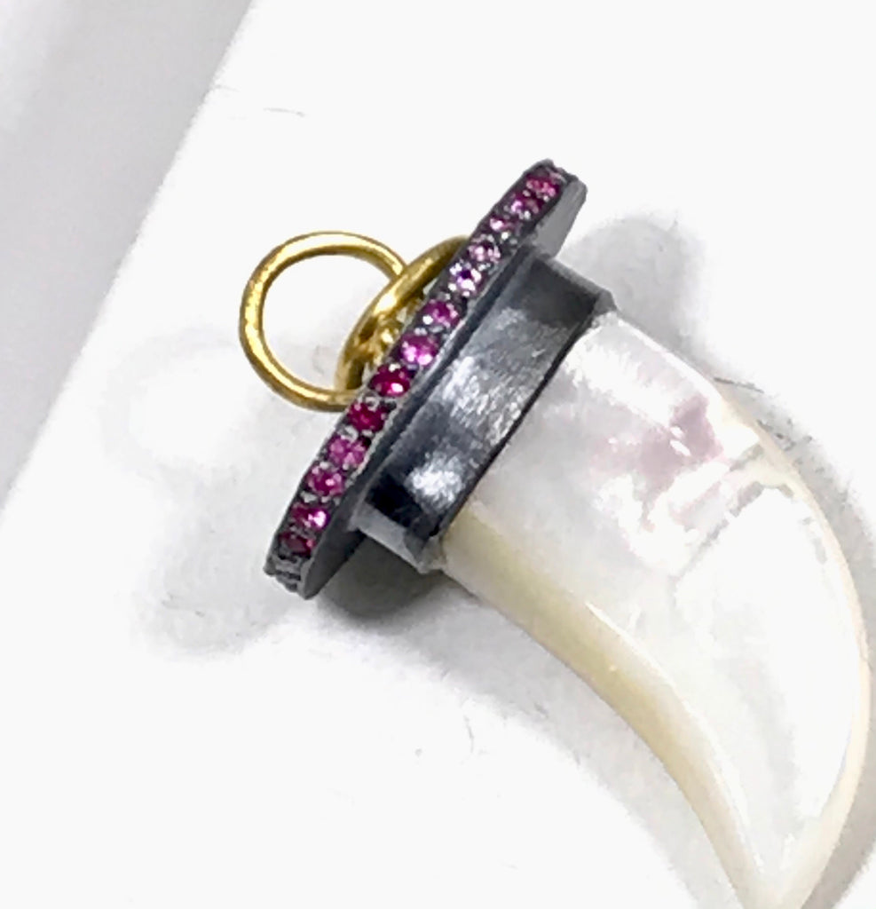 Mother of Pearl Horn Charm Pave Pink Sapphire 22k Gold Oxidized Silver - doolittlejewelry